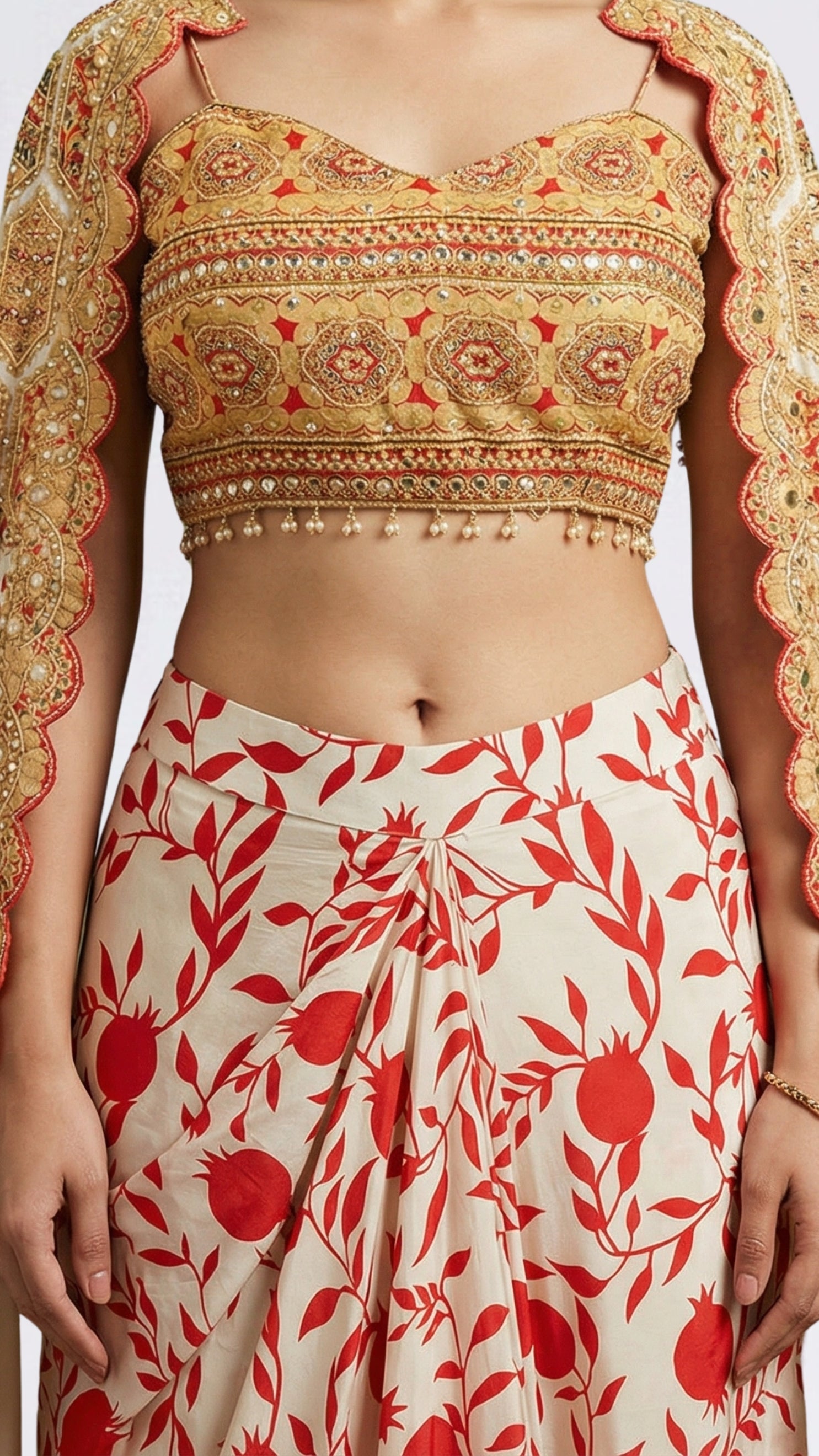 Beige & Red Digital Printed Crepe Top & Skirt with Cape Embellished with Moti, Sequins & Sippi